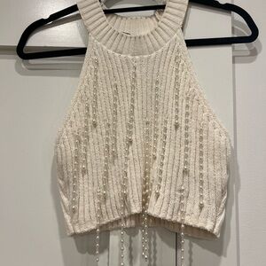 Zara Cream Knit Cropped Halter Top with Hanging Pearl Strings - Size Small